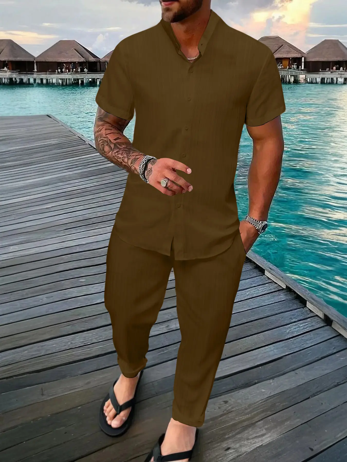 Men's Casual Summer Set Vertical Striped Short Sleeve Shirt and Long Pants Two-Piece, Comfortable and Breathable for Home or Outings