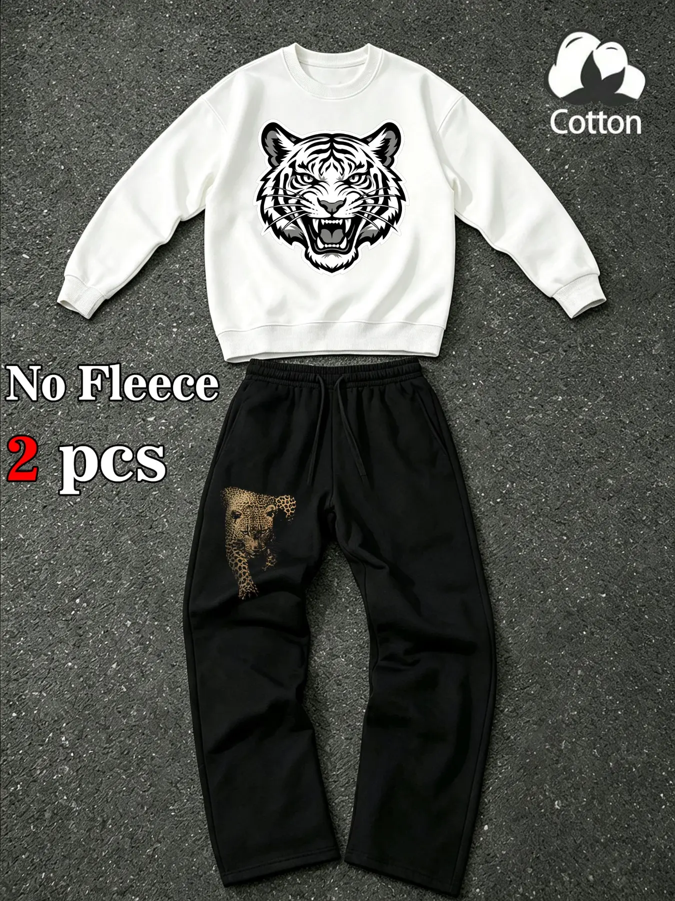 Men's Tiger Leopard Print Two-Piece Set, Trendy Street Style, Round Neck Sweatshirt + Casual Long Pants, Sportswear
