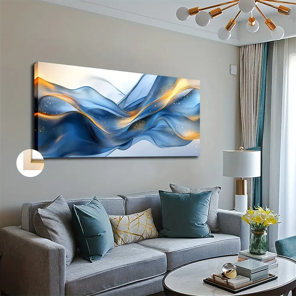 Large Framed Canvas Wall Art - Blue & Golden Interwoven Flowing Lines Modern Abstract Painting, Minimalist Classic Art Deco Style, High-Quality Canvas Print for Living Room, Bedroom, Office, Cafe Decor, Extra Large Canvas Wall Art,