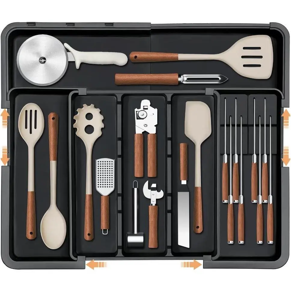 Summer Super Deal Silverware Organizer Expandable Kitchen Utensil Drawer Organizer with 9 Compartment Large Cutlery Organizer Tray for Forks Knives 13" - 22"W ,14.5" - 19"L,dorm essentials,home decor
