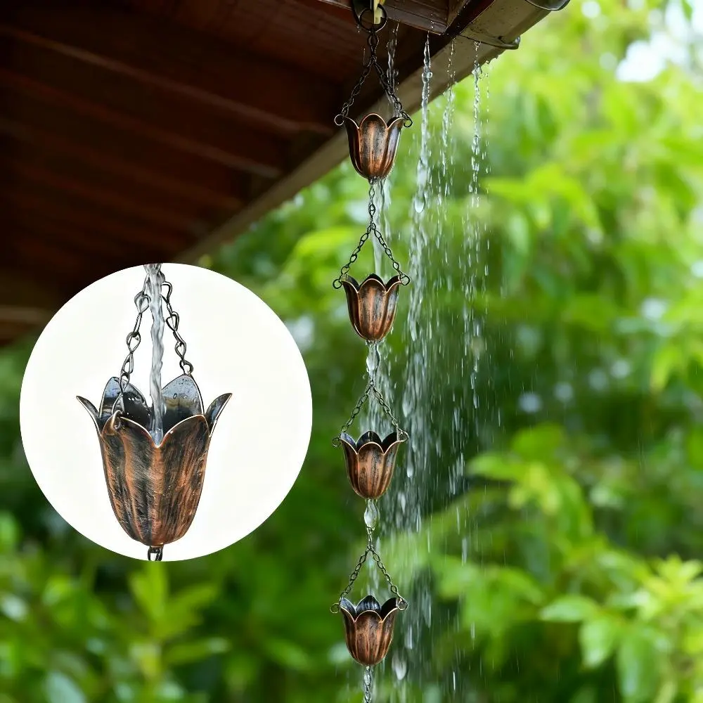 Vintage Tulip Rain Chain Metal Rainwater Diverter Chain, Rustproof  Eave Water Catcher, Decorative Rain Chain for Outdoor Patio, Garden, Yard & Home, Creates Calming Rain Sounds