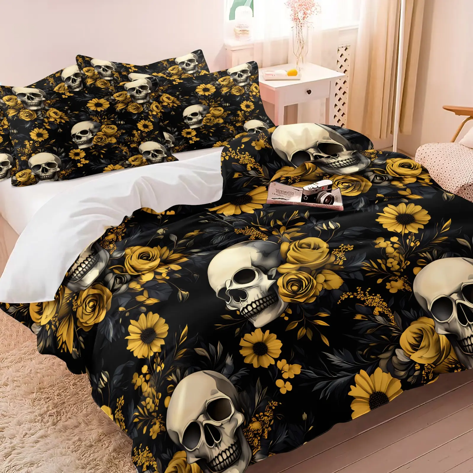 2/3Pcs Soft Gothic Skull Yellow Floral Comforter Set Black Background Sunflower Rose Dark Moody Art Print Bedding Edgy Lightweight All Season Bed Set For Alternative Teen Bedroom