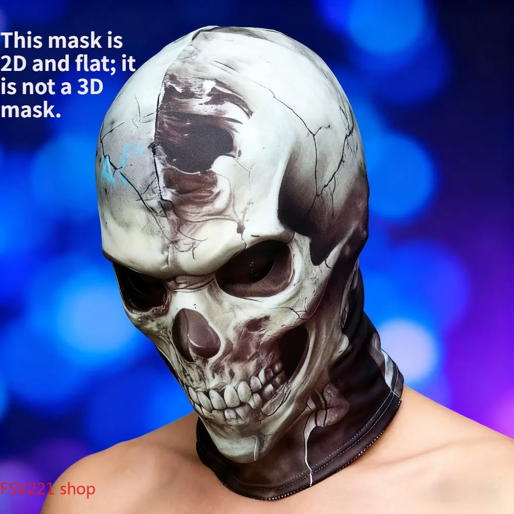 Non-3D Skull Print Halloween Hood 2D Skeleton Print Halloween Mask, Breathable Full-Cover Headgear for Parties & Cosplay  2D Printed Headgear for Halloween Parties & Events