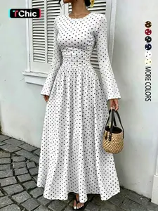 Women's polka dot fitted Casual long-sleeved dress with flared sleeves and a pleated waist. Suitable for all seasons, perfect for everyday wear, dates, and commuting.