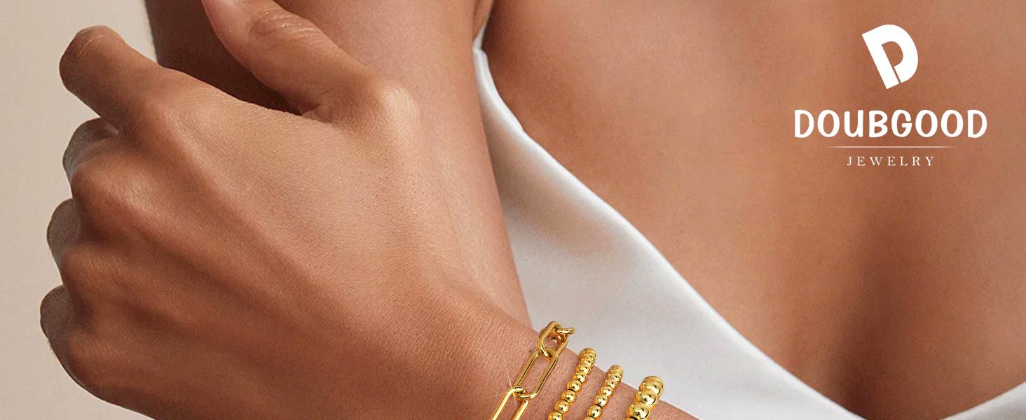 doubgood Gold Bracelets for Women, 14K Gold Plated Stackable Initial Beaded Bracelet with Letter Pendant Waterproof Stretch Trendy Stack Jewelry Set Gifts for Mom Mother's Day