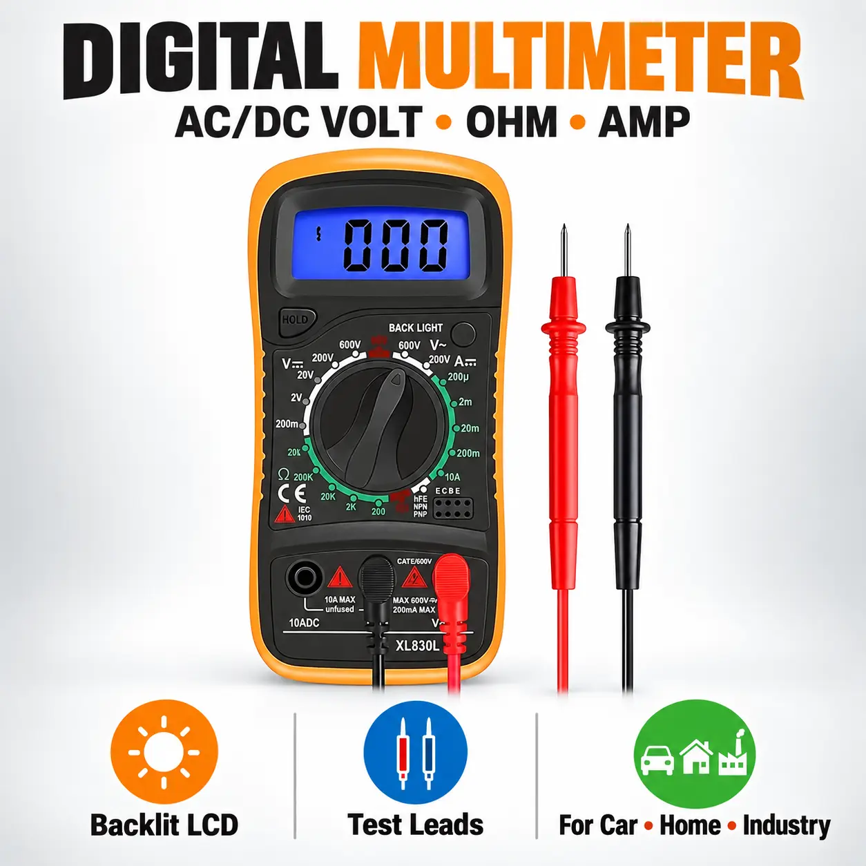 Multifunction Digital Voltmeter and Multimeter, AC DC Volt OHM Amp Current Tester with Backlit LCD Screen for Car, Home, Workshop and Industrial Use