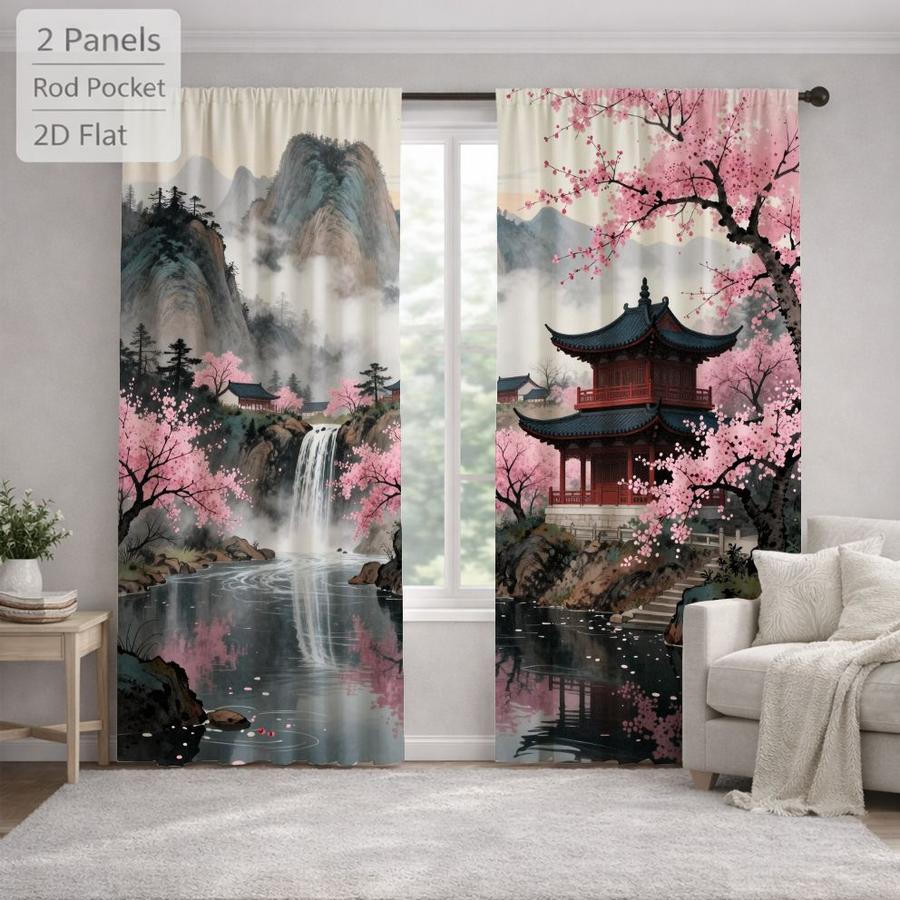 2Pcs Traditional Chinese Landscape Pagoda Cherry Blossom Waterfall Pattern Curtains Digital Printed Rod Pocket, Window Treatment For Bedroom Office Kitchen Living Room Study Home Decor