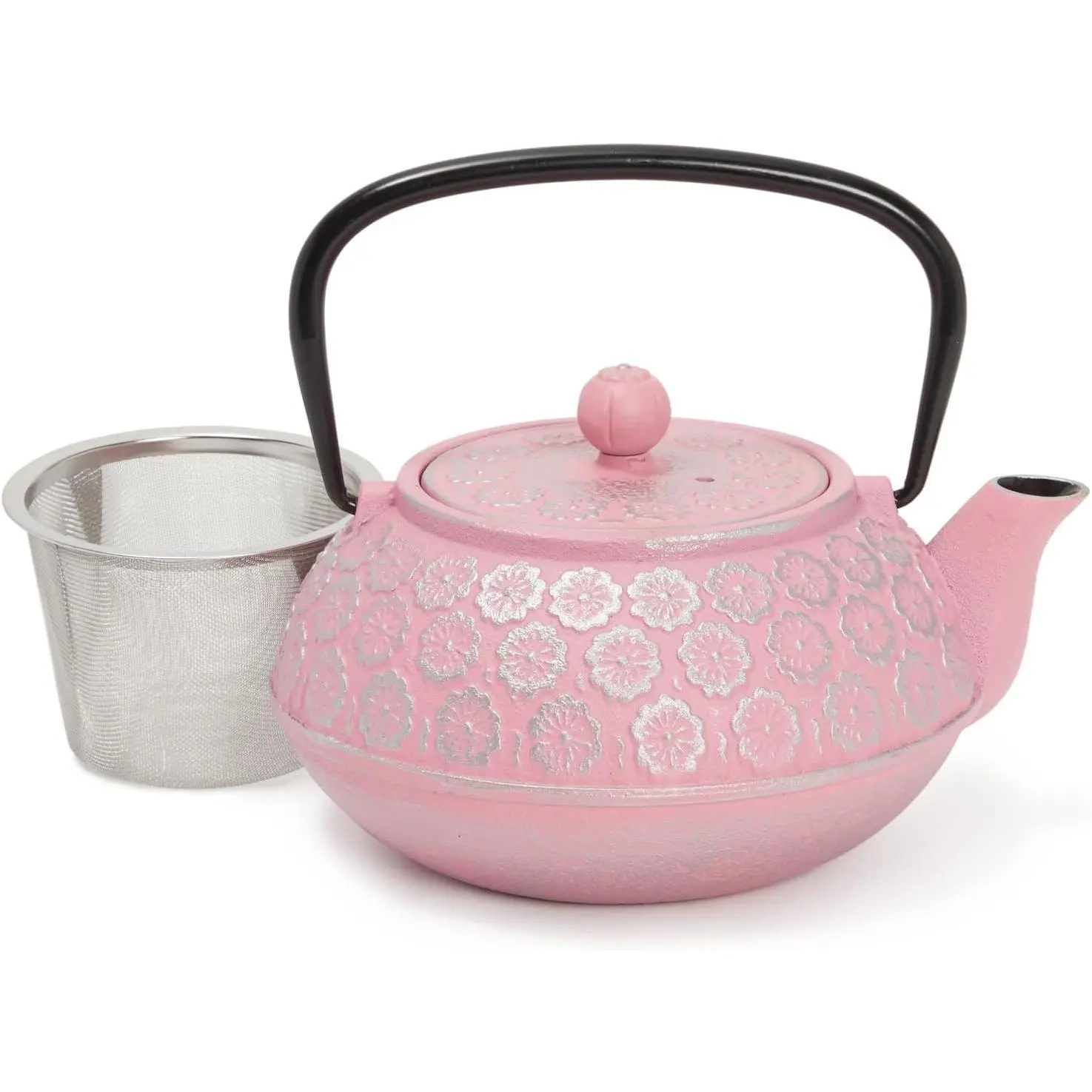 34oz Heat Retentive Floral Cast Iron Tea Pot - Stainless Steel Infuser, Loose Leaf Steeper - Pink Kitchen Tea & Coffeeware