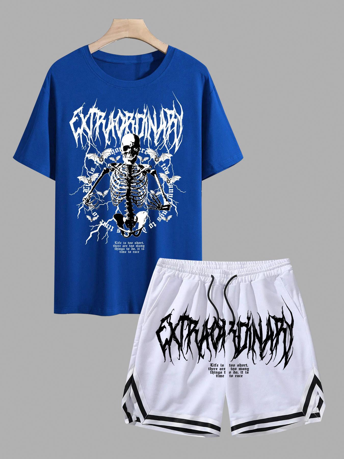 Two Counts Men's Graphic Drawstring Waist Design Two-piece Set, Casual Streetwear Regular Fit Short Sleeve Round Neck T-shirt & Pocket Shorts, Summer Outfits, Men's Clothes for Daily Wear, Clothing