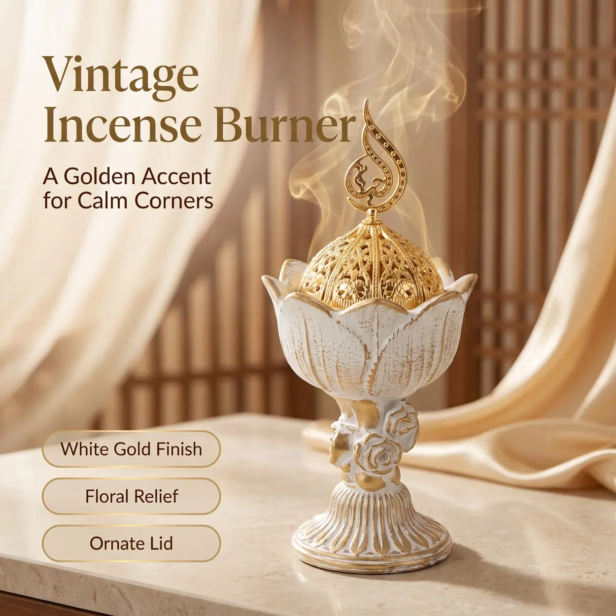 Vintage Lotus Shaped Resin Incense Burner, Floral Carved Pedestal Aromatherapy Censer with Golden Hollow Filigree Lid, 2 Color Options, Decorative Tabletop Ornament for Indoor Home Decor