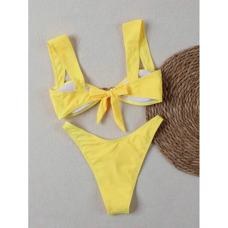 Chic Bright Yellow Bikini Set With Gold Flower Accent, Wide Strap Top & Cheeky Bottom, Ideal For Summer Getaways