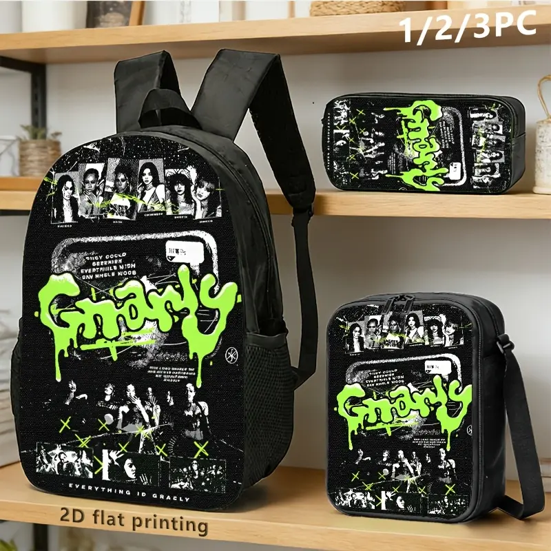 Unisex 3-Piece Gnarly Grunge Backpack Set - Neon Green Drip Print Oxford Cloth Daypack with Adjustable Straps, Lunch Bag, Pencil Case for Streetwear Fans, Ideal for School Trips