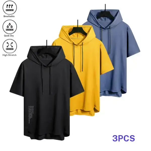 Men’s three pack hooded short sleeve T shirts, trendy casual athletic style, breathable quick dry, highly elastic, skin friendly, drawstring hood, curved hem; versatile tops for gym, commuting, and home wear.