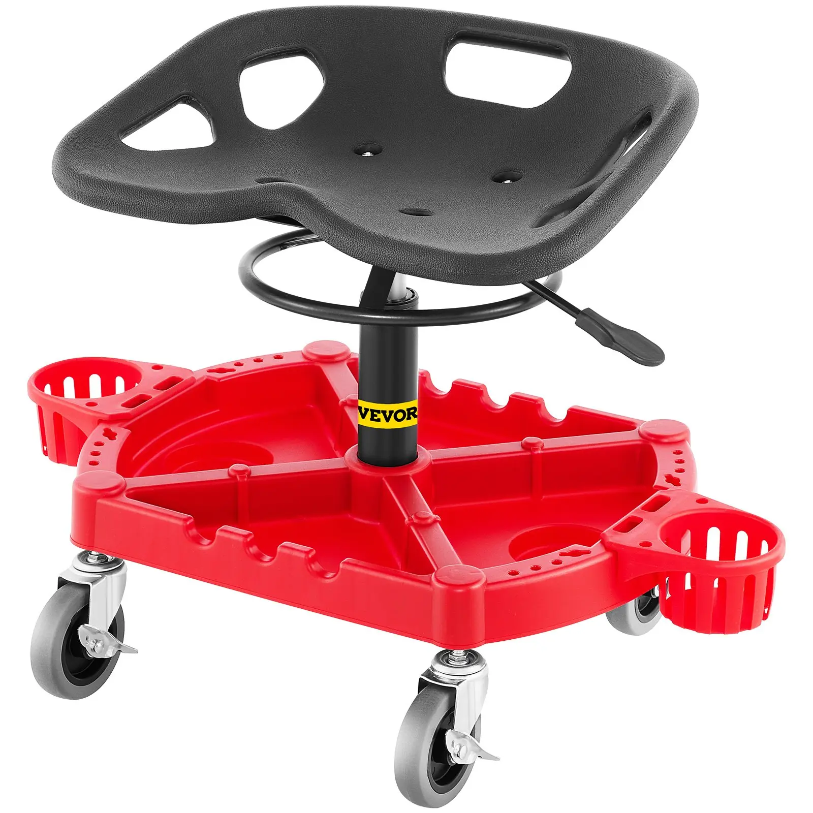 VEVOR Rolling Garage Stool, 300LBS Capacity, Adjustable Height from 18 in to 23 in, 360-degree Swivel Wheels (4), Large Tool Tray with Two Bottle Holder, for Workshop, Auto Repair Shop, Red