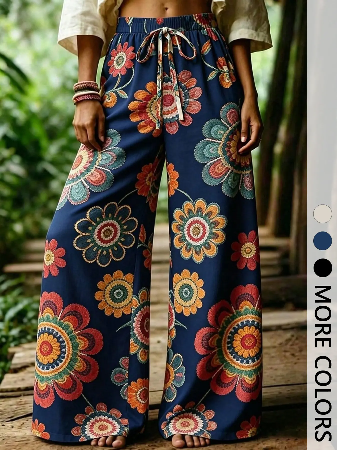 Women's Boho Floral Print Wide Leg Pants, Elastic Drawstring High Waist, Casual Vacation Wear
