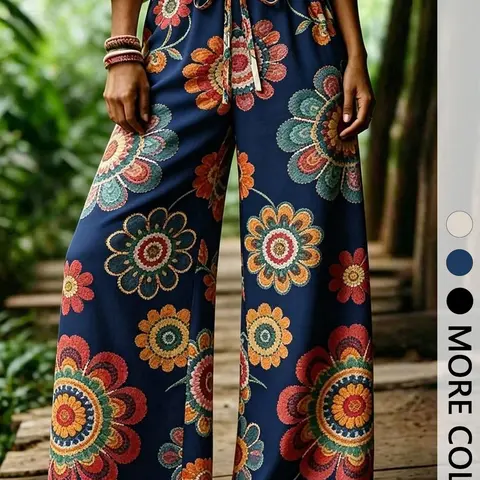 Women's Boho Floral Print Wide Leg Pants, Elastic Drawstring High Waist, Casual Vacation Wear
