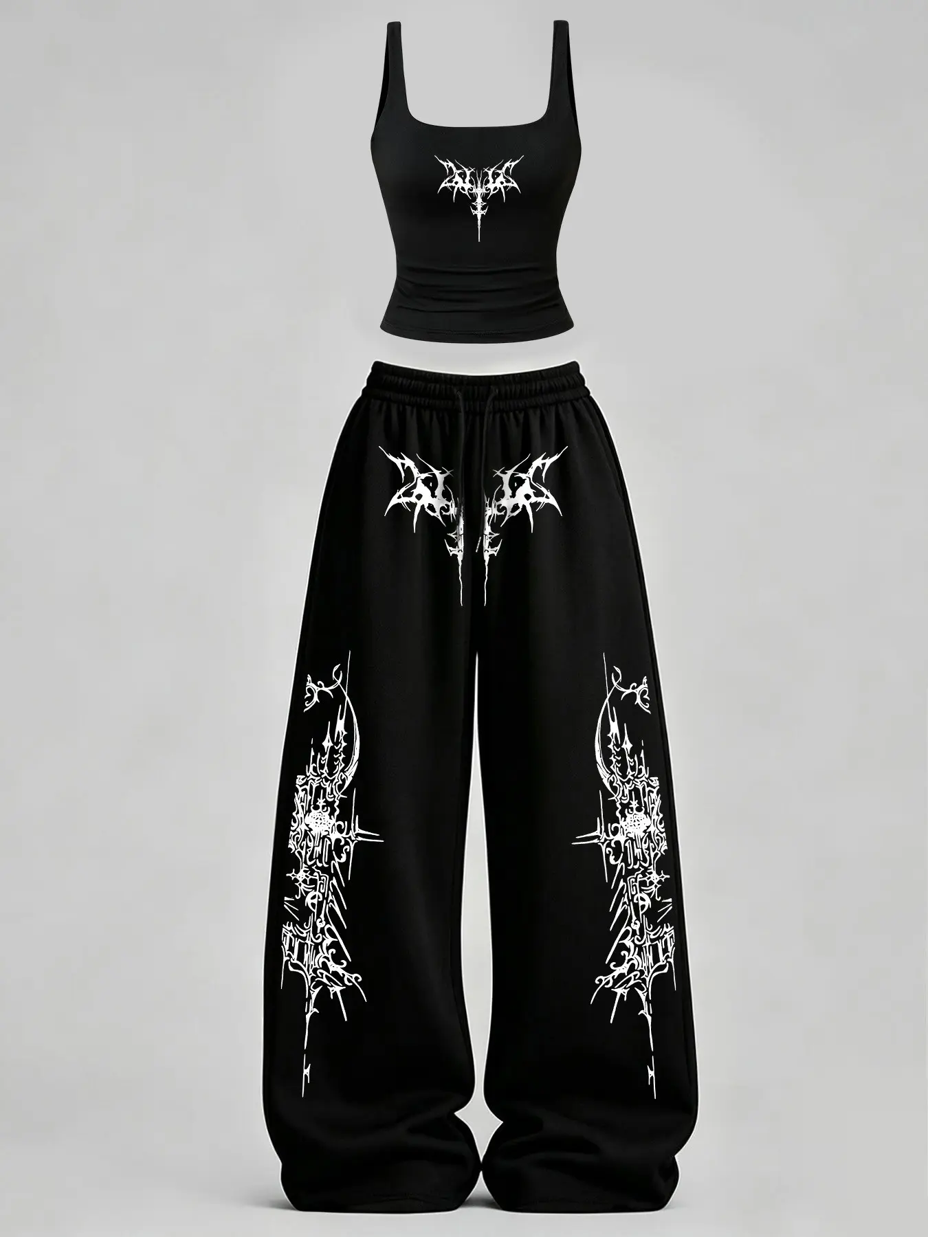 Women's Casual Home Wear Set, V-Neck Slim Fit Tank Top + Loose Long Pants, Gothic Y2K Style, Perfect for Daily Commute & Streetwear