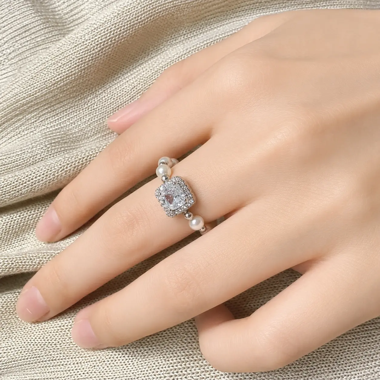 TERRAE Adjustable Imitation Pearl Ring with CZ Cube Accent, Silver-Tone