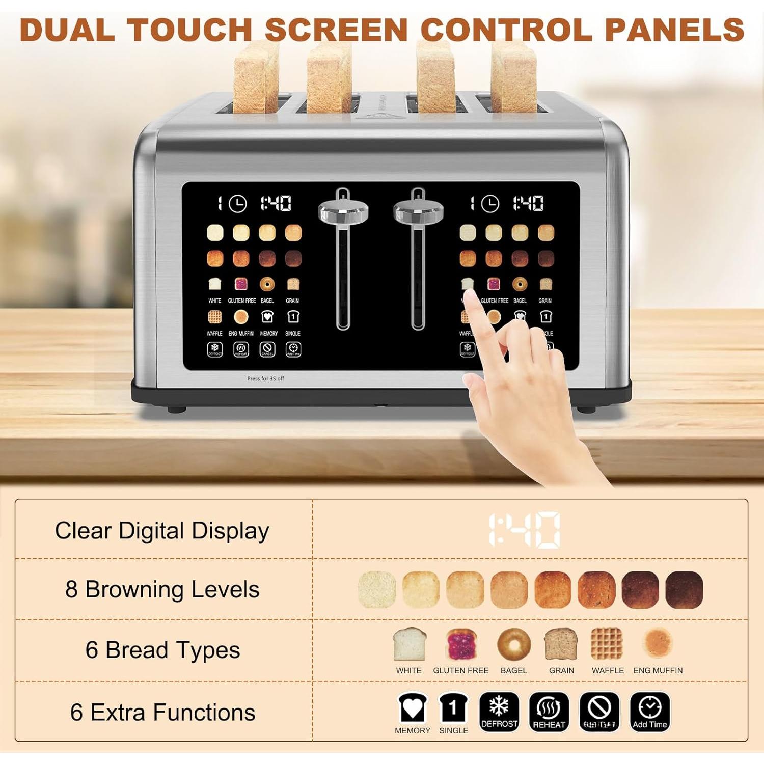 4 Slice Toaster Touch Screen, Stainless Steel Toasters Digital Timer, Dual Control Panel Toasters, 8 Shade Settings 6 Bread Types for Bagel, Cancel, Defrost 1650W