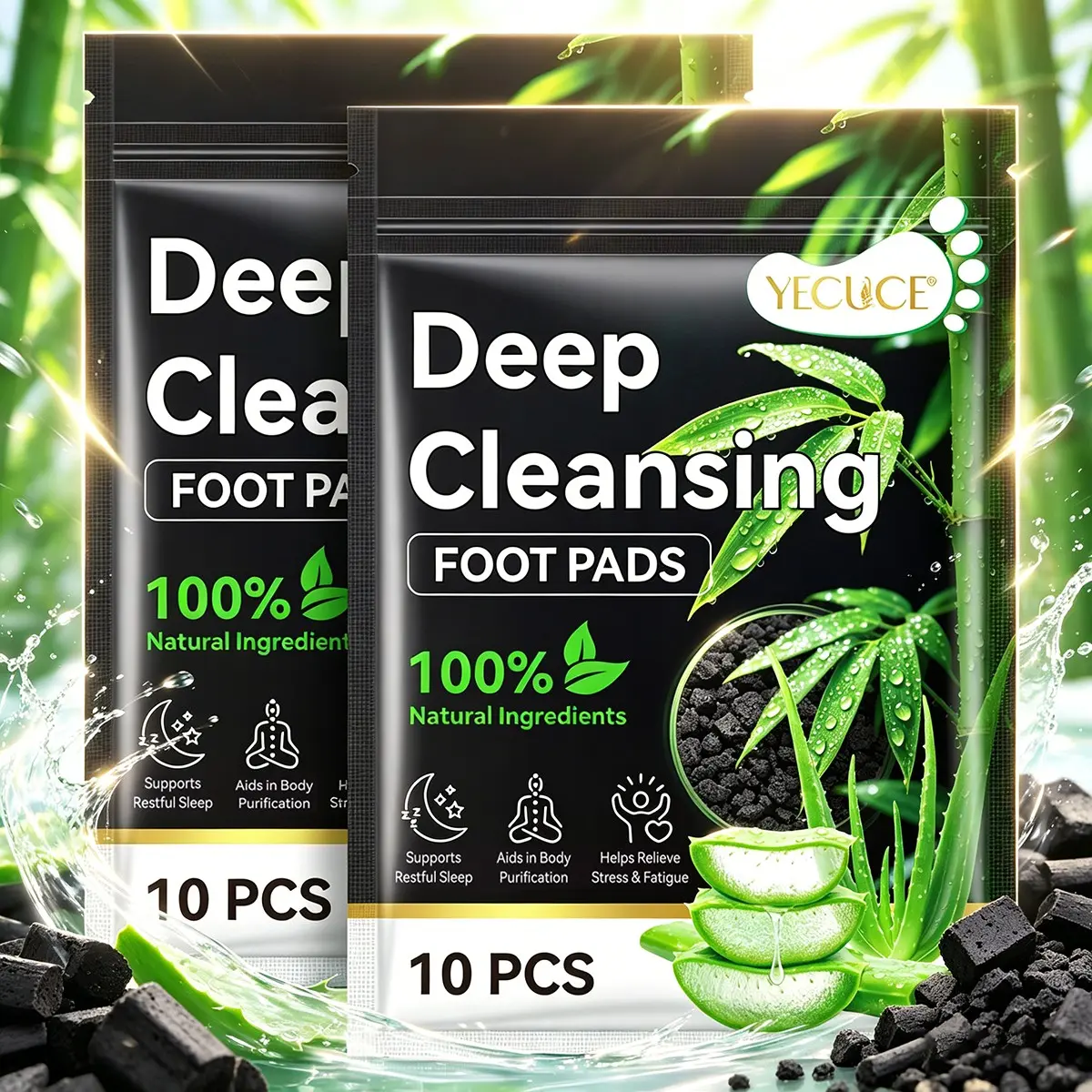 2-Pack Yecuce Aloe Charcoal Foot Patches, Relieve Foot Fatigue, 10 Pieces Per Pack, Cleanse and Refresh Your Feet Naturally