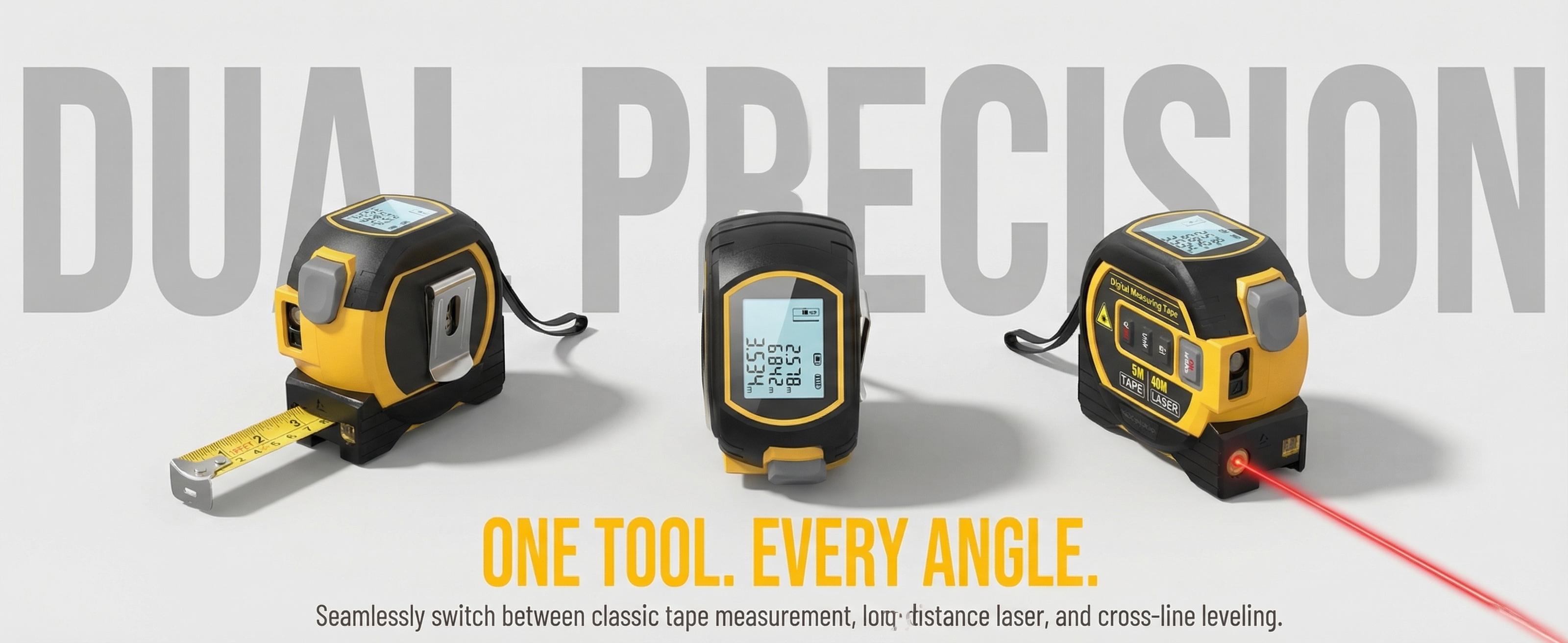 2-in-1 Laser Measuring Tool| 5m Self-Locking Tape + 40/50/60m Laser Distance Meter with LCD Display for Construction & Layout