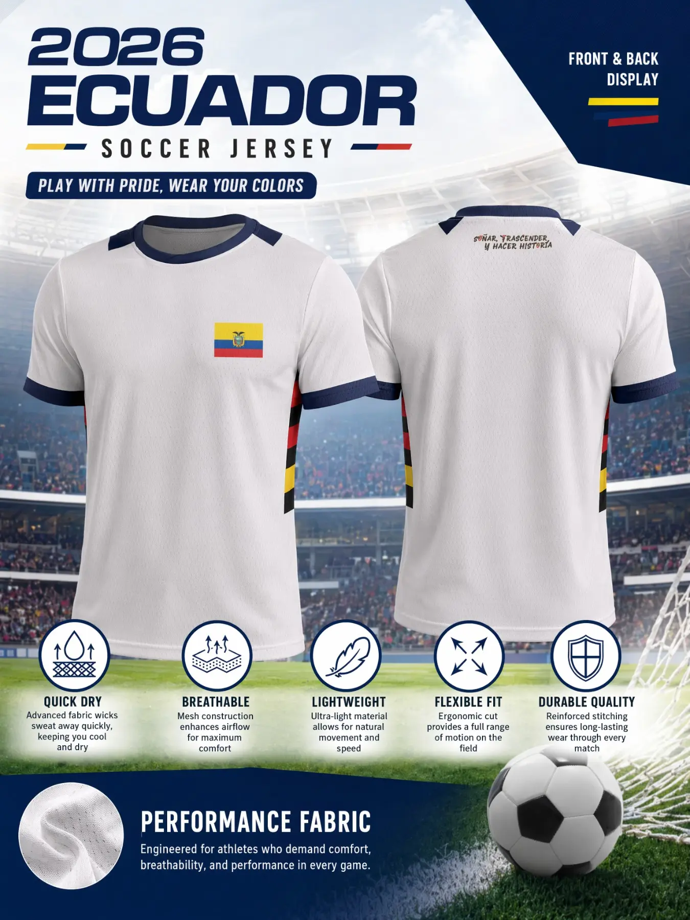 2026 Ecuador Away Men's Soccer Jersey, Mesh Football T-Shirt, Quick-Dry Breathable Round Neck, Navy Sleeves, Stripes, Quick Drying Tops