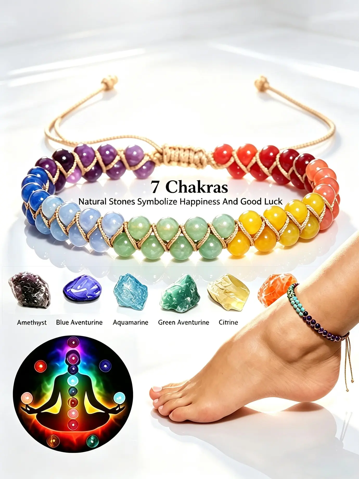 7 Chakra Bracelet & Anklet Set for Women, Lapis Lazuli, Amethyst & Carnelian Beads, Yoga, Meditation & Energy Healing Jewelry, Daily Wear, Happiness, Spiritual Connection