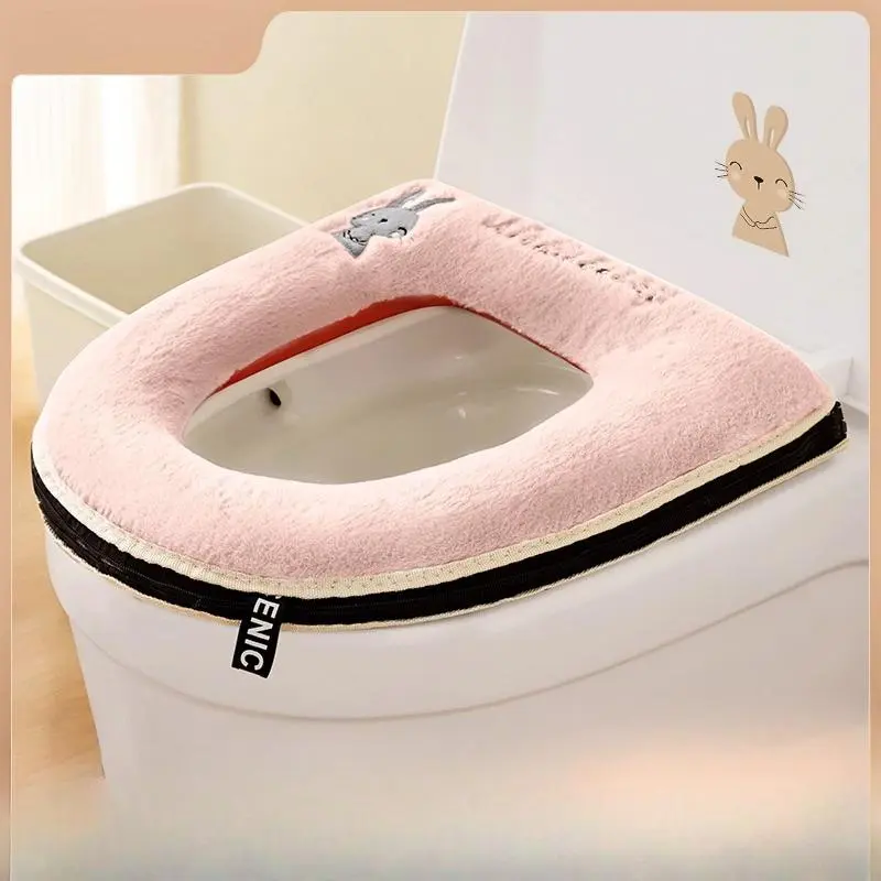 Rabbit Motif Pink Fleece Toilet Seat Cover - Zippered Edge, Waterproof, Washable Soft Cushion for Bathroom Supplies