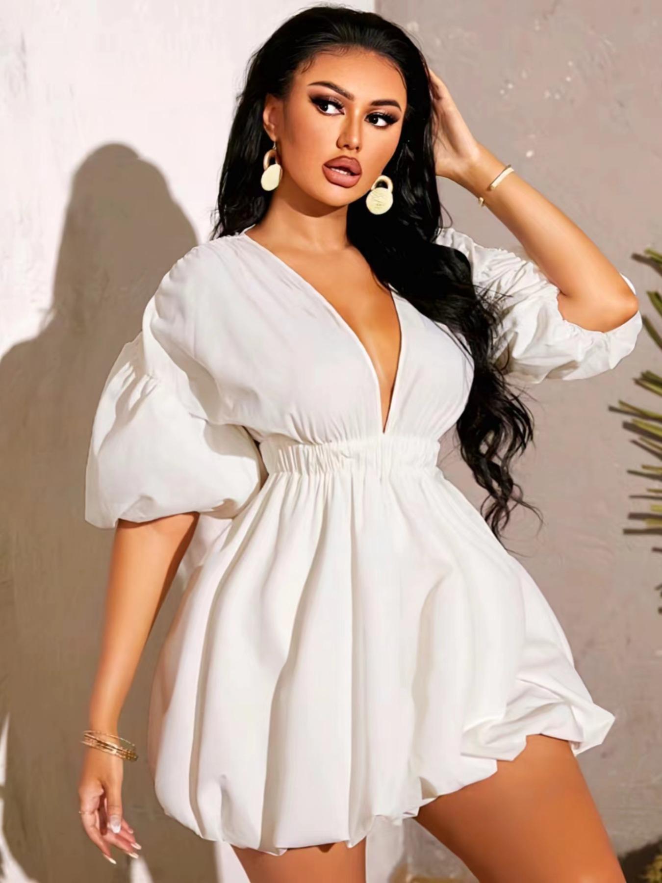 Women's Plain Puff Sleeve Deep V Neck Dress, Fashion Casual Short Sleeve A Line Mini Dress for Daily Outdoor Wear, Women Dress for Spring Fall, Womenswear