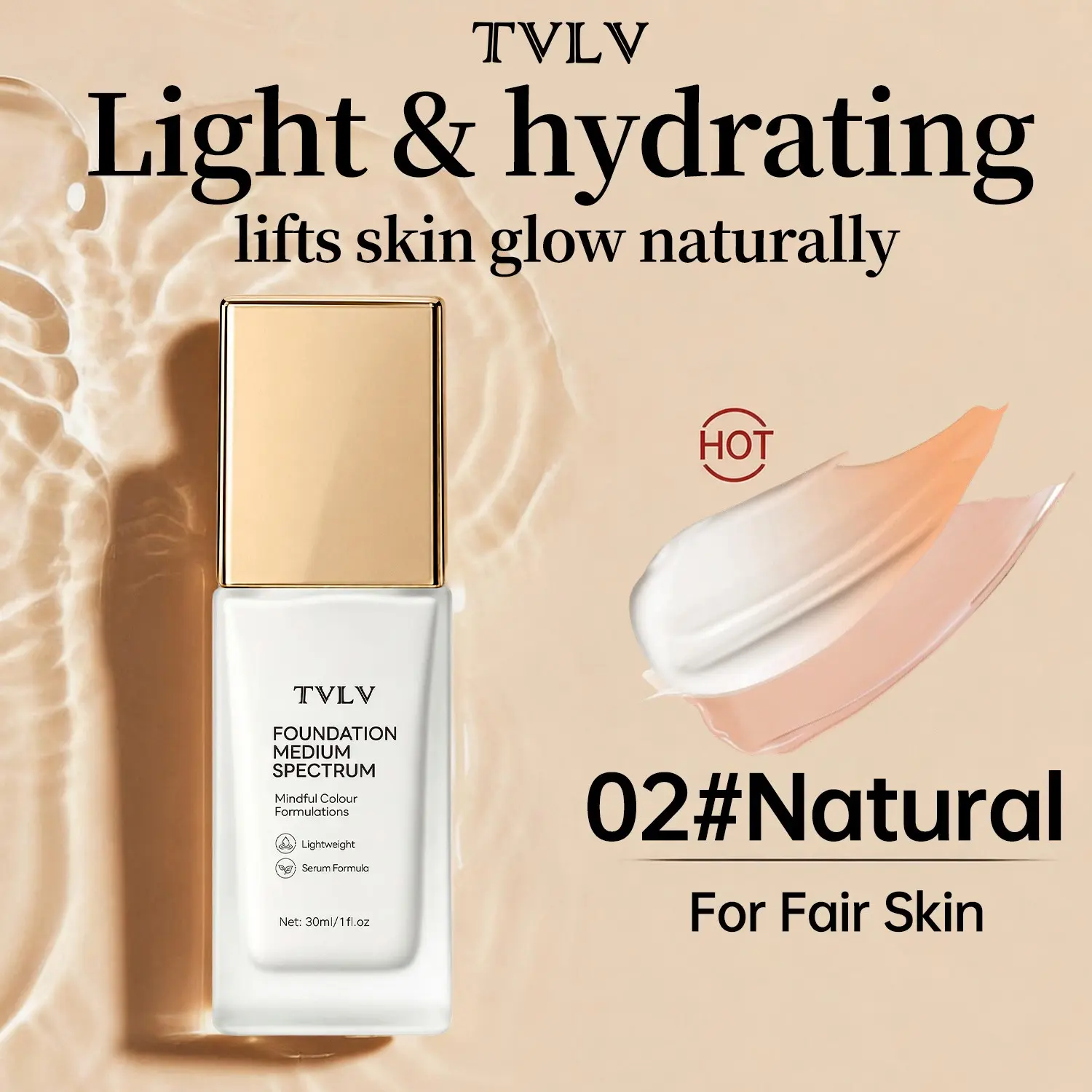 Foundation Medium Spectrum, Lightweight Serum with Niacinamide, 24h Longwear, Hydrating, Natural Radiant Finish, Multi-Use for All Skin Types