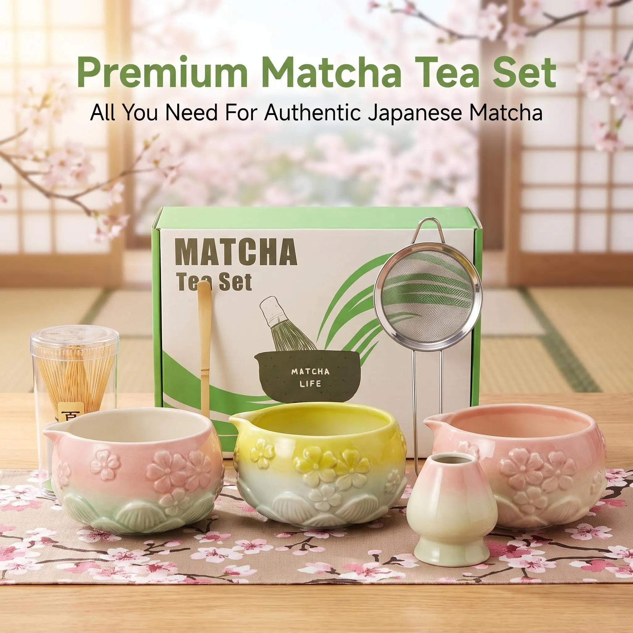 Matcha whisk set, 5-piece matcha tool set, Matcha Kit, pink cherry blossom embossed pattern, includes 18oz bowl, bamboo whisk, ceramic holder, bamboo tea scoop, scoop holder, stainless steel sieve, a gift for matcha lovers and beginners