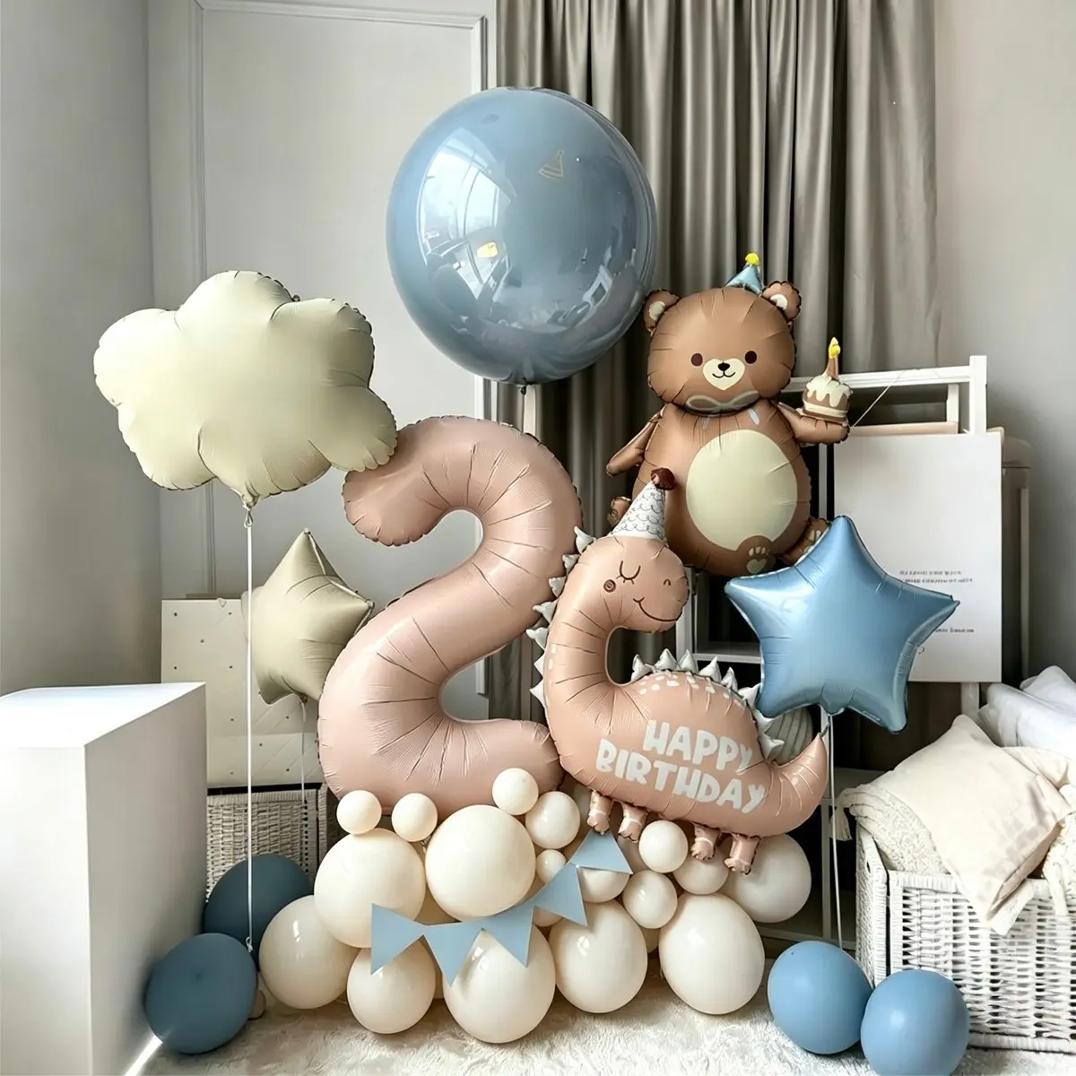 Cartoon Cream Coffee Color Dinosaur Bear Number Aluminum Foil Balloons Set, Vintage Blue Balloons and Bubble Balls, Party Decorations