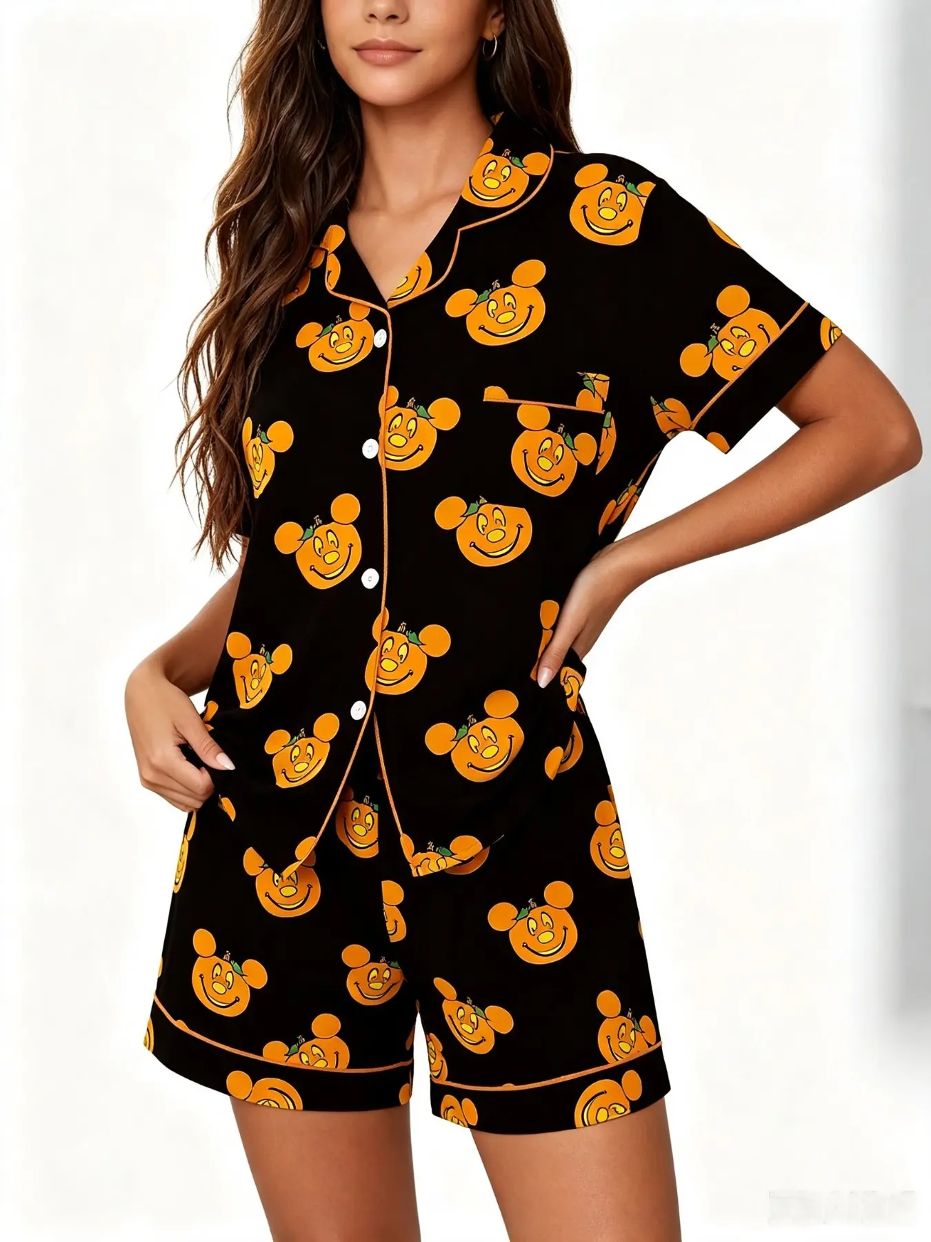 Teen Cute Cartoon Pumpkin Print Short Sleeve Pajama Set, Contrast Binding, Slim-Fitting, Breathable, Halloween Comfort Sleepwear
