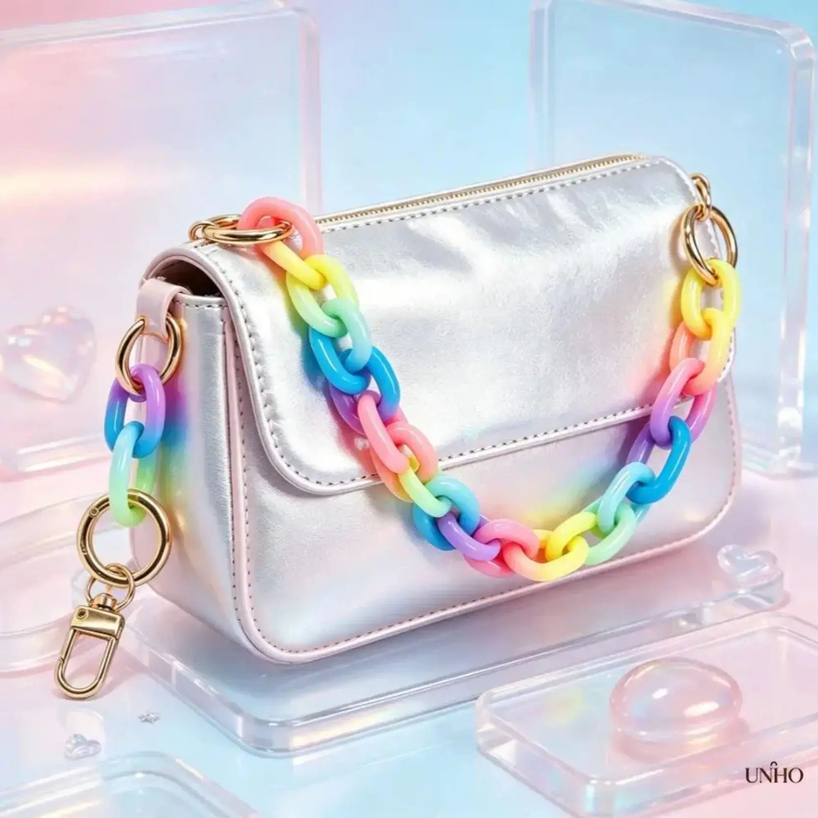 Macaron Rainbow Chunky Acrylic Bag Strap, Vibrant Pastel Multi-Color Curb Chain With Polished Gold Clasp, Detachable Mini Purse Replacement Hand Handle, Trendy Cute Bag Decor Accessory For Crossbody Bags Handbags Daily Outfit Matching
