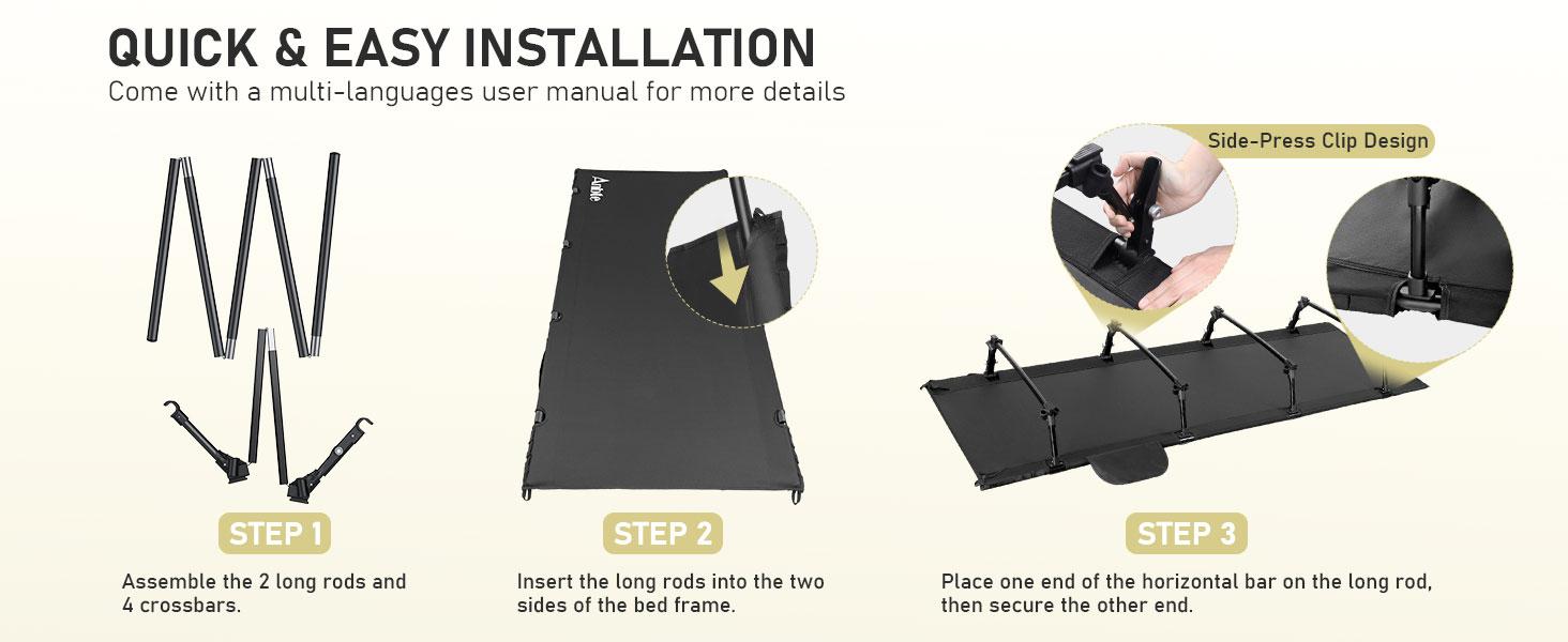 Anbte Ultralight Folding Camping Cot, Comfortable Portable Camping Cot Supports 275 lbs with Storage Bag & Side Pocket, Lightweight Folding Bed for Outdoor Travel Tent Indoor Emergency Bed, Black