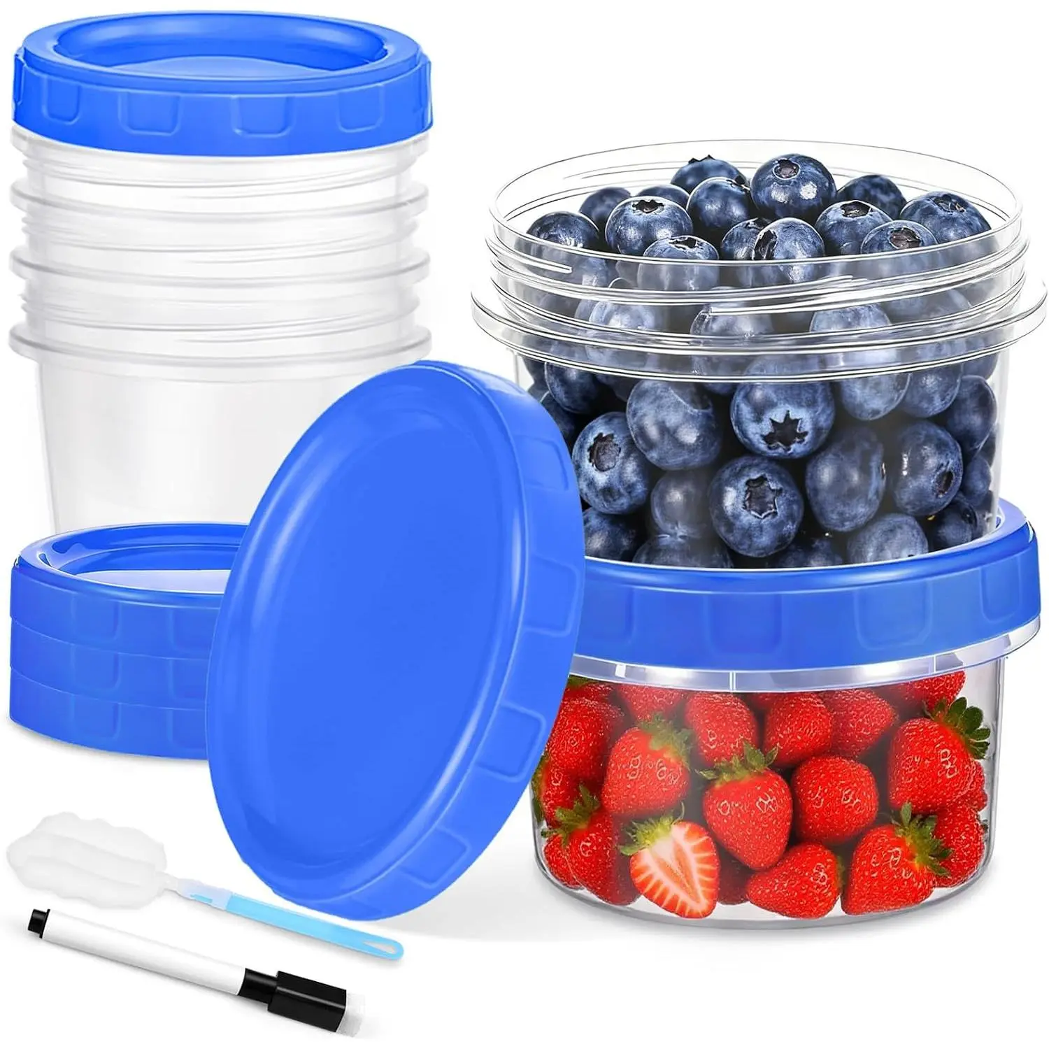 6 count 8 oz Plastic Containers with Screw ,  Clear  Storage Containers with Pen and Brush for Snack Salad Fruit, Freezer Storage Containers, Microwave & Dishwasher Safe