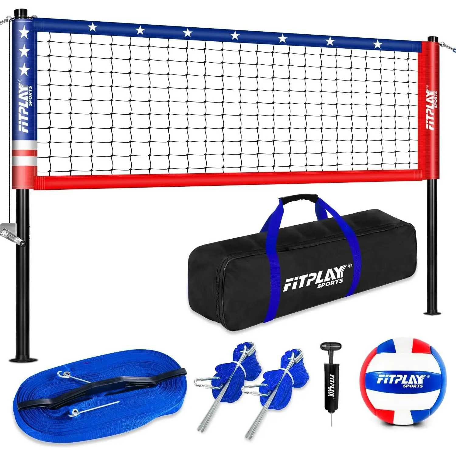 Outdoor Portable Volleyball Net Set for Backyard Beach Grass | with Anti-Sag Winch,PU Soft Volleyball,Pump,Height Adjustable Steel Poles,Boundary Line&Metal Stakes & Waterproof Carry Bag