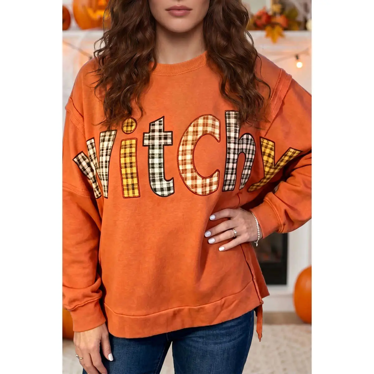 Flamingo Halloween Witchy Plaid Slogan Embroidered Patch Tunic Sweatshirt