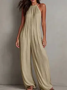 2026 New Fashion Halter Neck Sleeveless Solid Color Ruched Back Wide Leg Romper, High-End Resort Style Casual Loose Fit Long Pants, Suitable for Work and Daily Outing