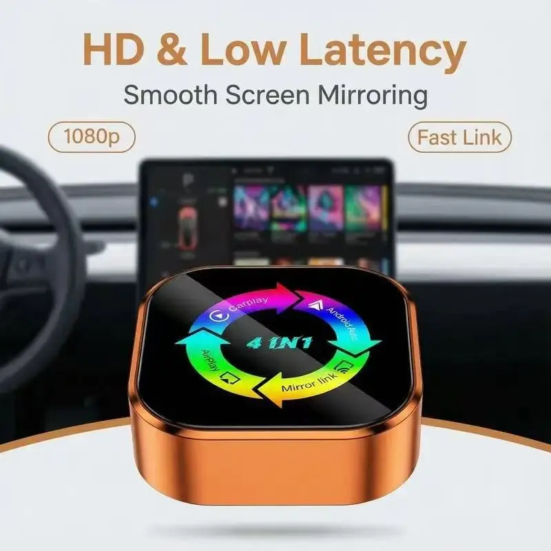Upgrade 4-In-1 Carplay Wireless Adapter, Compatible with iPhone/android, Fast Connection, Hands-Free Call, Airplay, Mirror Link, Type-C Adapter