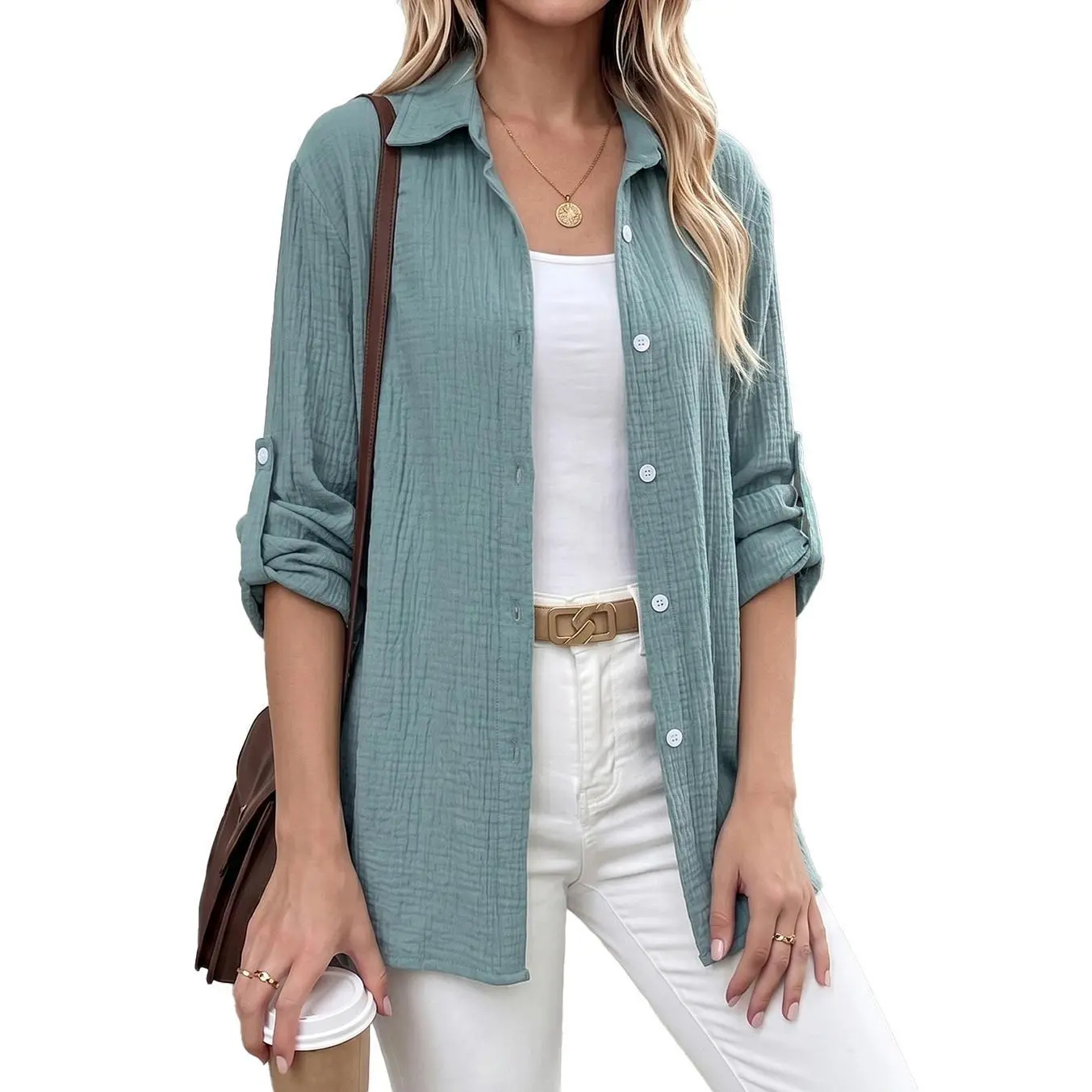 Women’s Crinkle Button-Down Blouse - Loose-Fit Longline Top with Convertible Roll-Tab Sleeves, Minimalist Basic Comfortable Lightweight Casual Wear for Daily Everyday Use, Tank Top, Garment