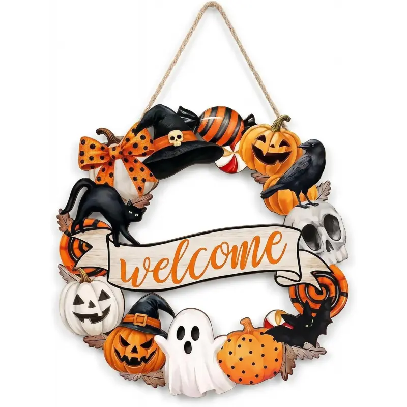 Halloween welcome wreath sign, 11-inch wooden door hanging pumpkin, ghost and bat, simple Halloween welcome wreath wooden sign front door hanging, holiday party, family and porch decoration, Decorative Ornament