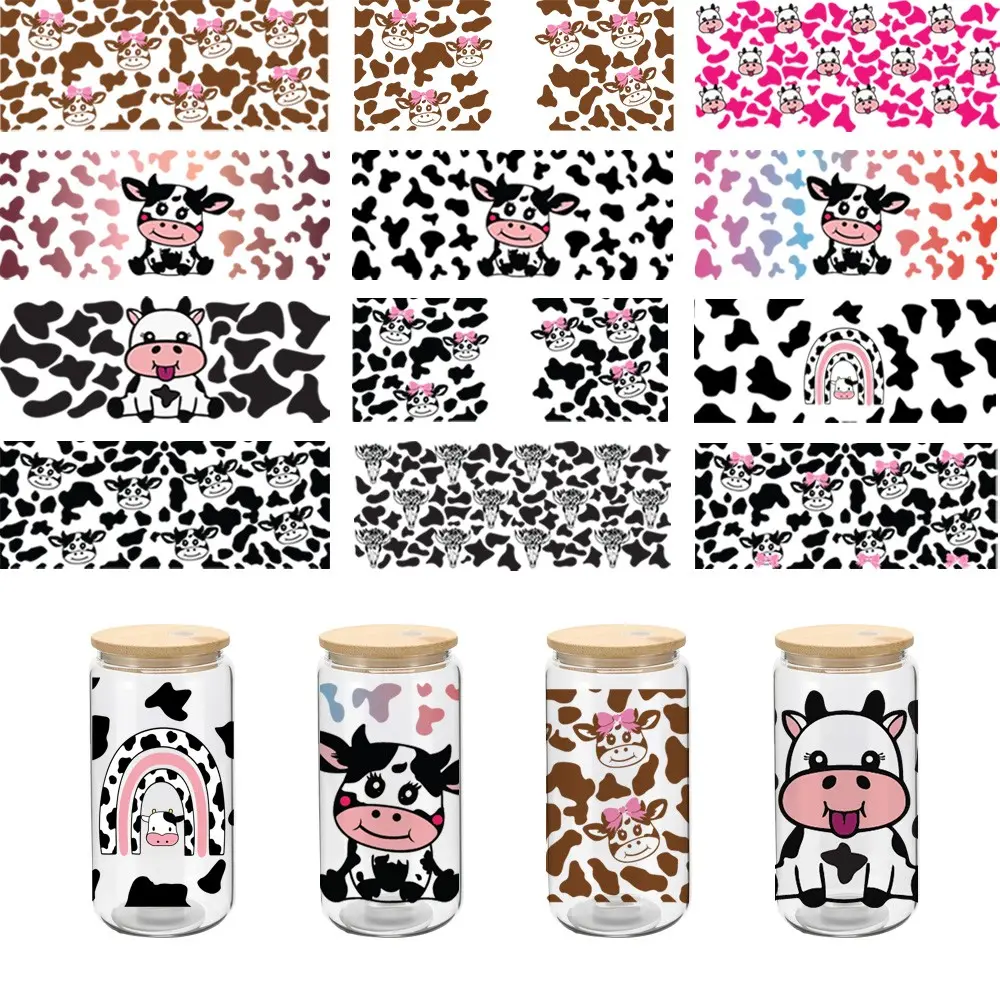 12 Sheets 16oz UV DTF Stickers, Cow Design, for 16oz Glass Cups, Coffee Mugs, Furniture, Laptops, Holiday Party Gift Set