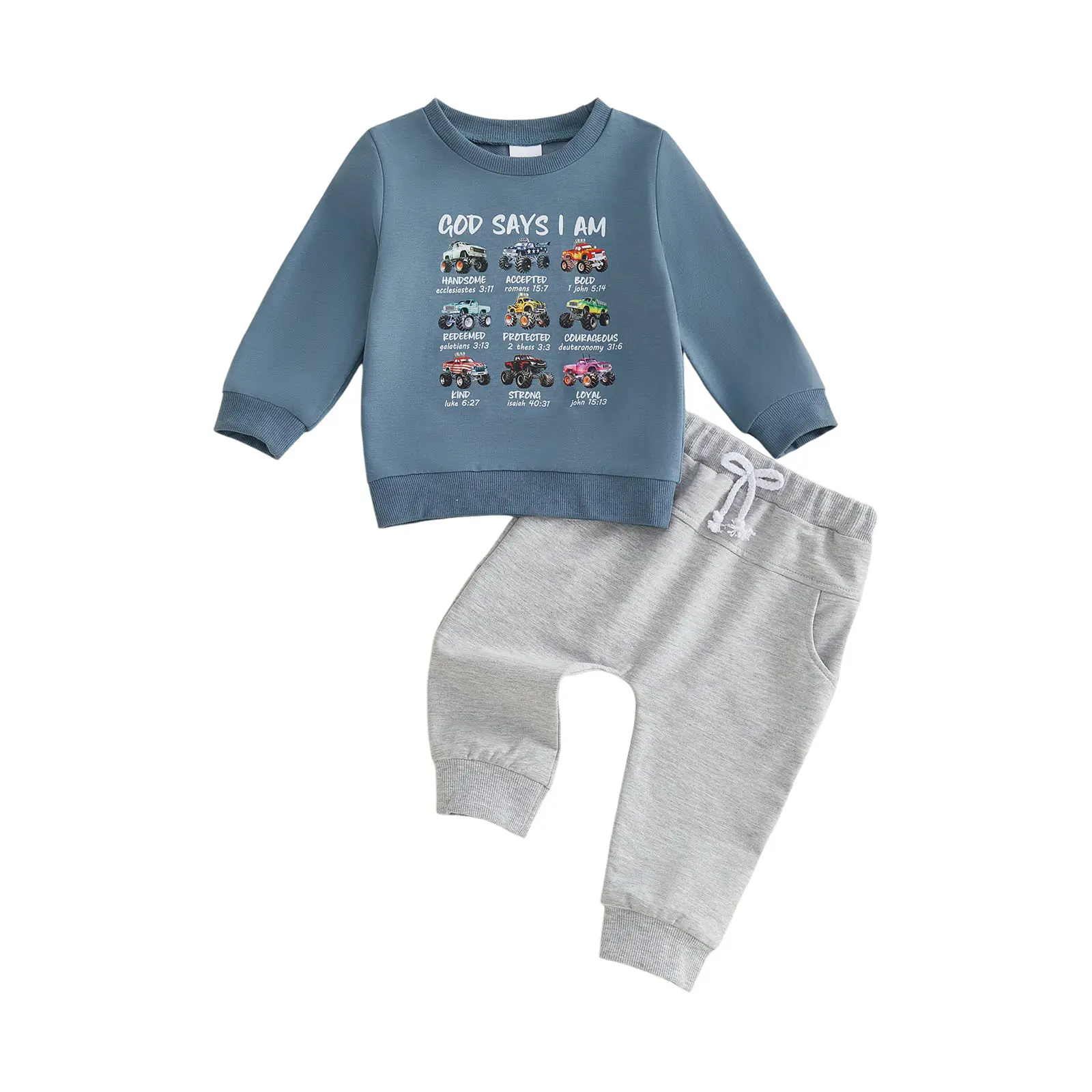 Toddler Boys Fall Outfits Letter Truck Print Crew Neck Long Sleeve Sweatshirt and Drawstring Jogger Pants 2 Piece Set