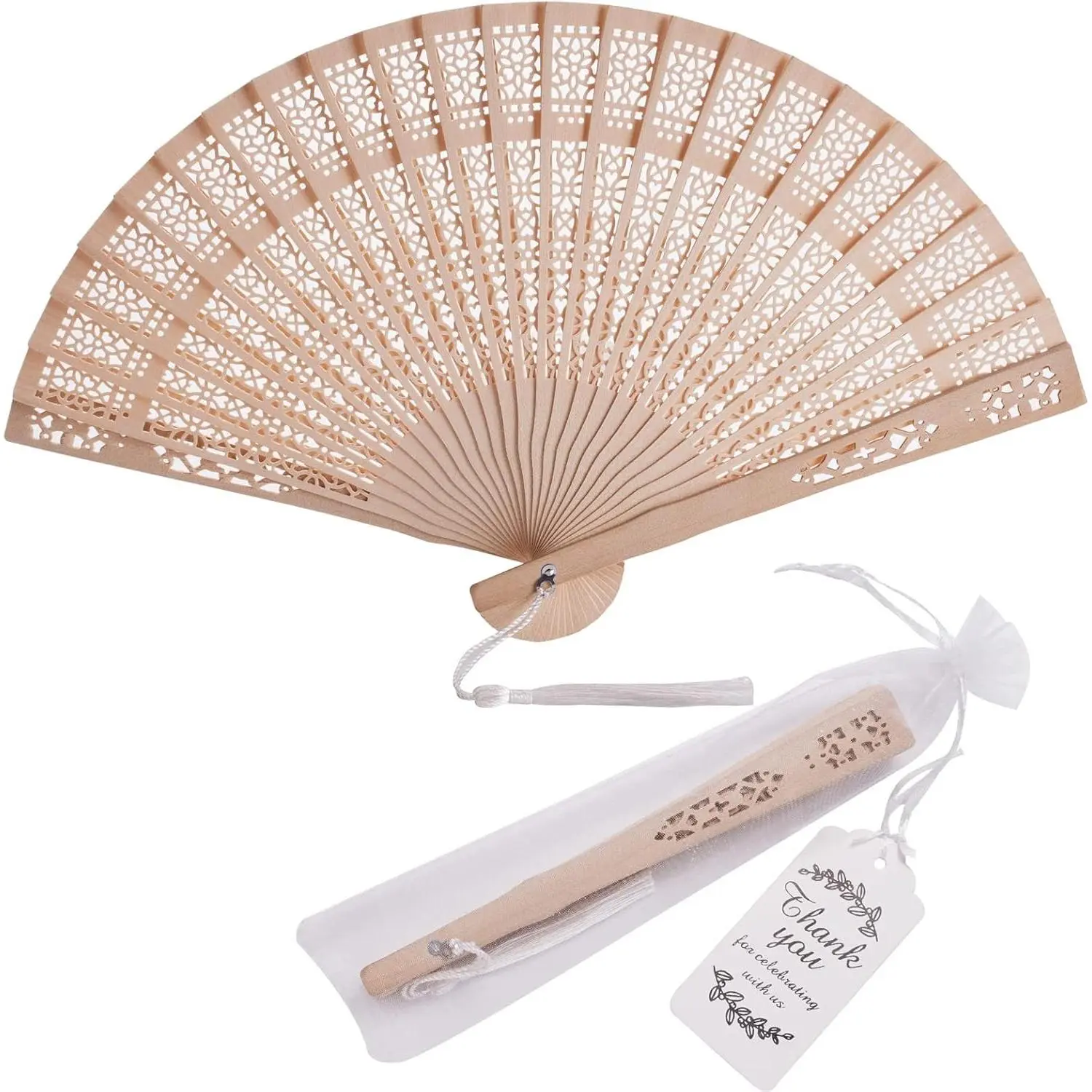 50 Sets Wooden Handheld Folding Fans with Organza Bags, Thank You Tags, Tassels for Wedding Party Favors & Table Decor (Kitchenware Placemats & Coasters Companion Accessories)