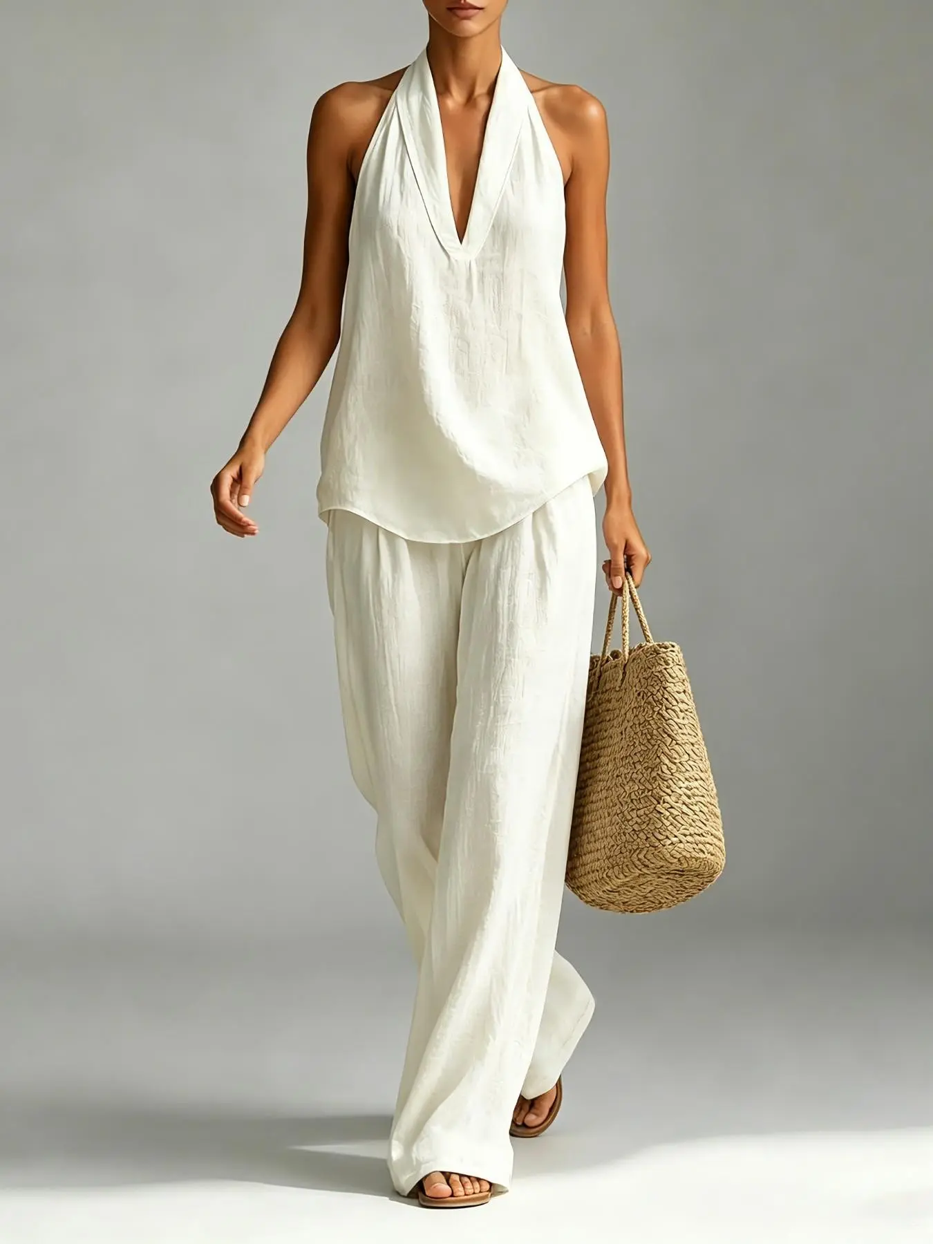 LF5456 Minimalist Luxury V-Neck Halter Two-Piece Set, Lightweight Breathable Sweat-Wicking Summer Wide-Leg Home, Classic Versatile Comfy Elegant Flowy Casual Fit Pajamas