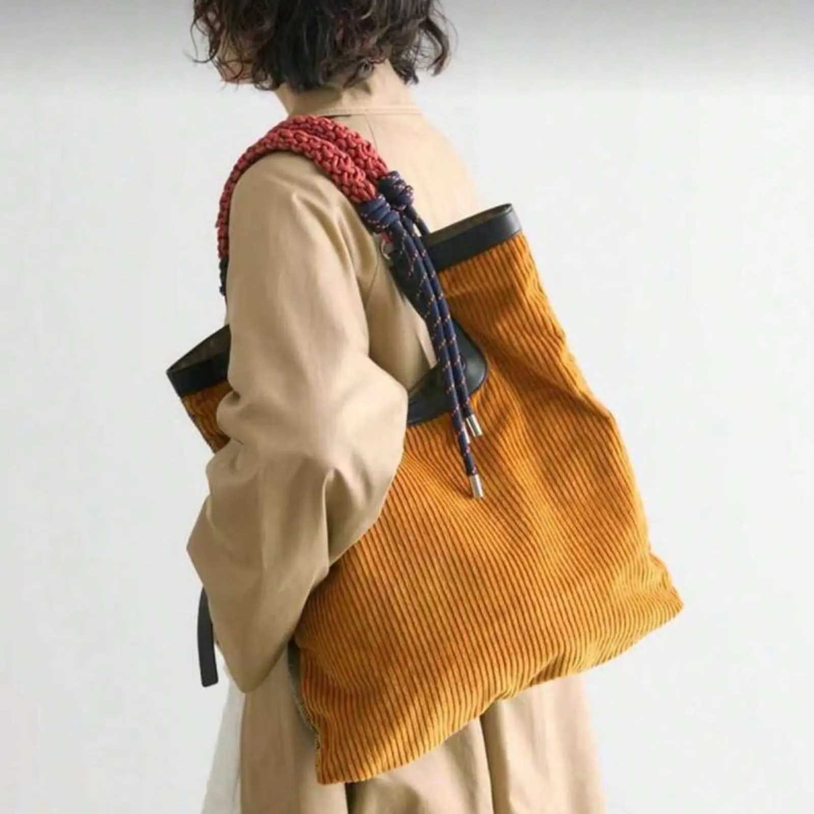Mustard Yellow Corduroy Large Capacity Shoulder Tote Bag, Magnetic Snap Closure Unique Strap Design, Contrast Knotted Rope Shoulder Strap Casual Hobo Shoulder Bag, Lazy Bag For Daily Commute Shopping Travel School Outfit