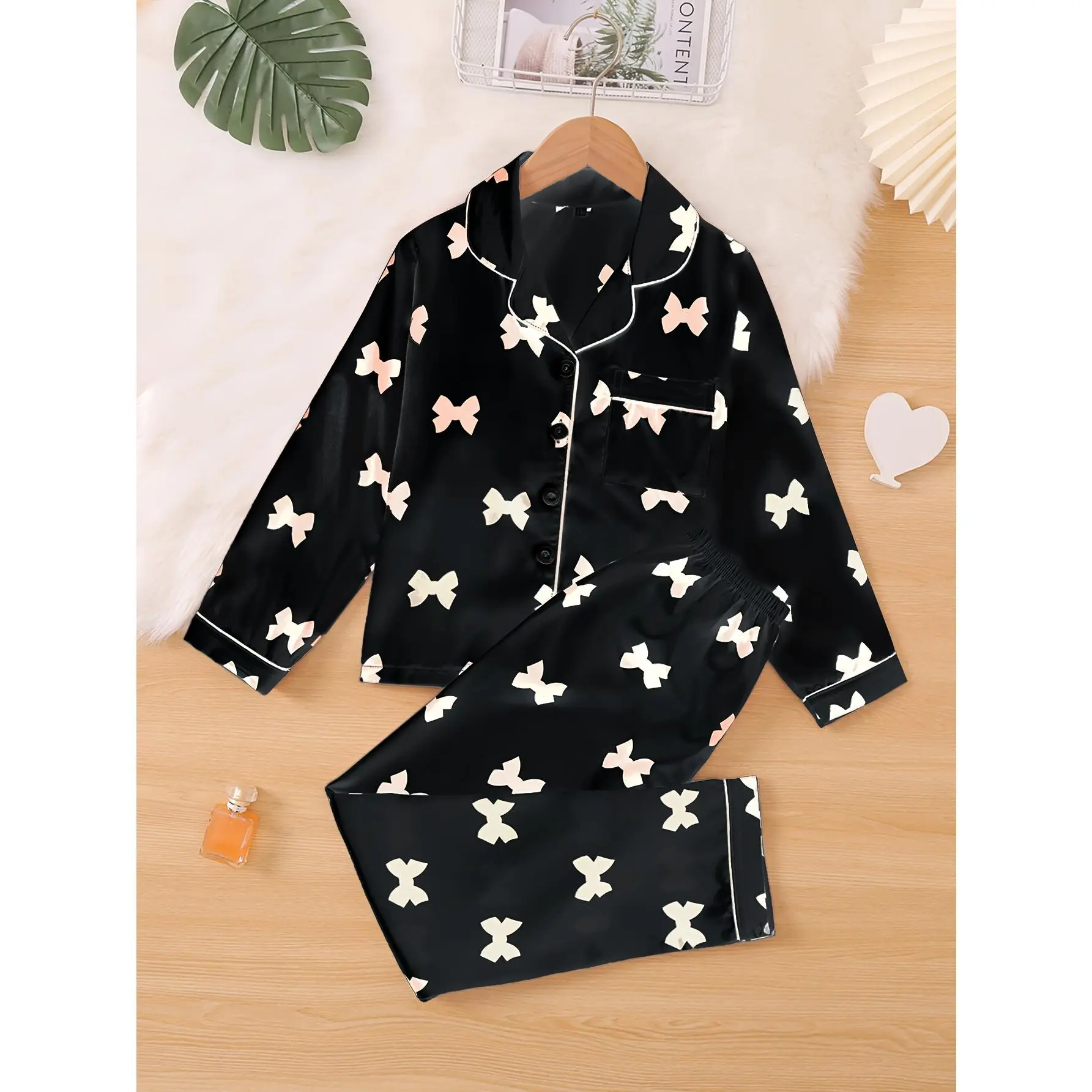 Flame-retardant 2pcs Set, Spring/Autumn Cute Bow Print Pajamas, Comfortable Flame-retardant Faux Y Cardigan with Lapel Collar and Long Sleeves, Long Pants, Sizes 130-160 for Middle to Large Toddler Girls, Homewear Set