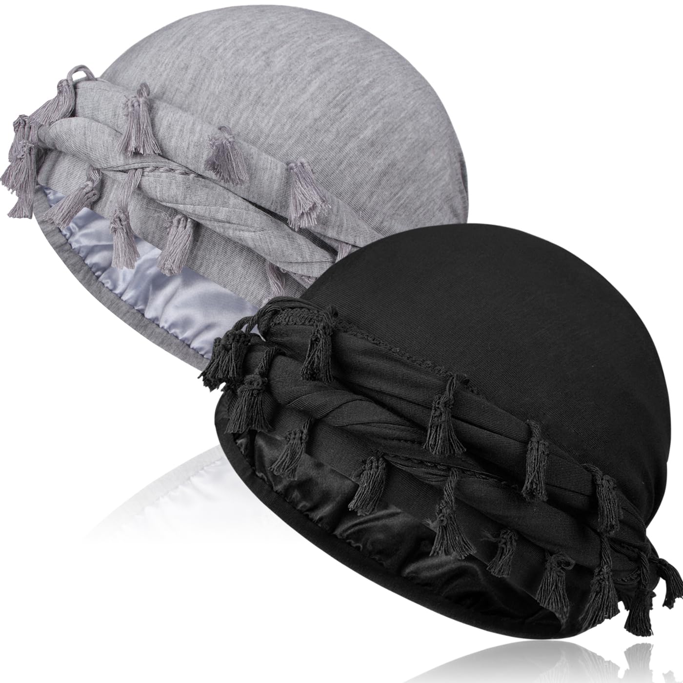 1/2 Pack Satin Lined Turban Durag for Men & Women - Pre-Tied Skull Cap with Tassels, Vintage Twist Beanie & Sleeping Bonnet Hair Cover