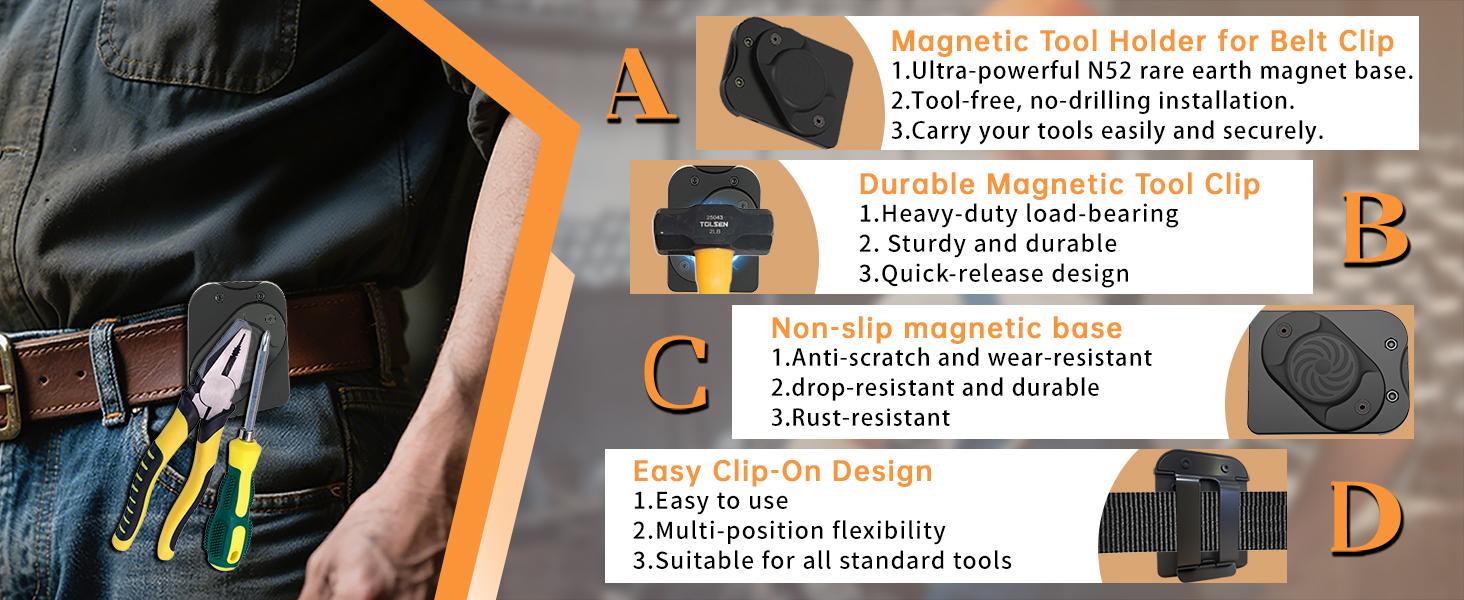 Magnetic Tool Holder, Strong Clip-On Belt Magnet Holster, Neodymium Magnet for Screws, Nails, Hammer, Pliers, Drill Bit, Wrench, Spanner and Any Magnet Hardware